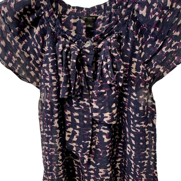 Ann Taylor Graphic Sheer Ruffle Silk Top Small - Picture 5 of 12